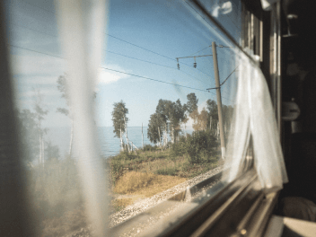 Вид из окна поезда на зеленый пейзаж